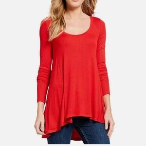Free People January Ribbed Long Sleeve Tee Top XS Red High Low Hem Tunic